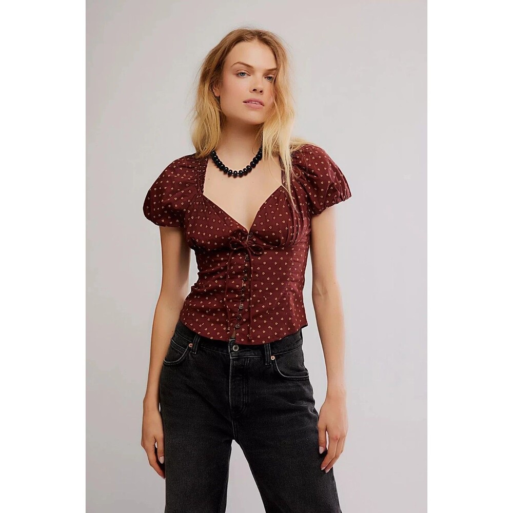 Free People Puff Sleeve Printed Blouse Top Buttondown Floral Ruffle S 289177